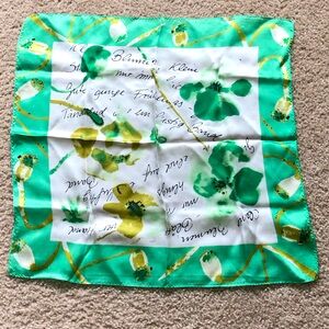 Silk scarf, 20” x 20”, light as cloud, green print.